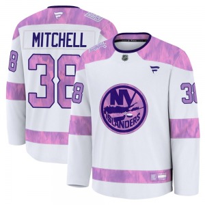 Adult Premium New York Islanders Travis Mitchell White 2024 Hockey Fights Cancer Practice Official Fanatics Jersey