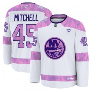 Adult Premium New York Islanders Travis Mitchell White 2024 Hockey Fights Cancer Practice Official Fanatics Jersey