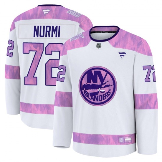Adult Premium New York Islanders Jesse Nurmi White 2024 Hockey Fights Cancer Practice Official Fanatics Jersey