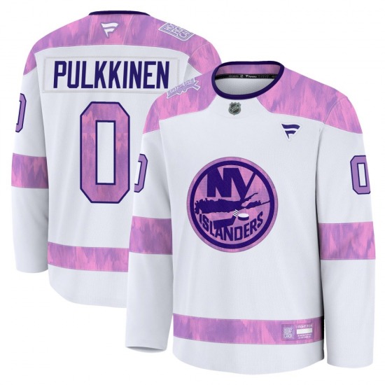 Adult Premium New York Islanders Jesse Pulkkinen White 2024 Hockey Fights Cancer Practice Official Fanatics Jersey