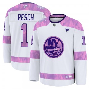 Adult Premium New York Islanders Glenn Resch White 2024 Hockey Fights Cancer Practice Official Fanatics Jersey