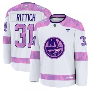 Adult Premium New York Islanders David Rittich White 2024 Hockey Fights Cancer Practice Official Fanatics Jersey