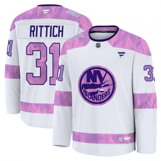 Adult Premium New York Islanders David Rittich White 2024 Hockey Fights Cancer Practice Official Fanatics Jersey