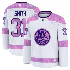 Adult Premium New York Islanders Billy Smith White 2024 Hockey Fights Cancer Practice Official Fanatics Jersey
