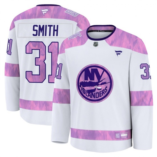 Adult Premium New York Islanders Billy Smith White 2024 Hockey Fights Cancer Practice Official Fanatics Jersey