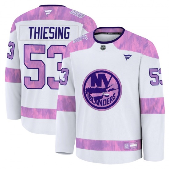 Adult Premium New York Islanders Camden Thiesing White 2024 Hockey Fights Cancer Practice Official Fanatics Jersey