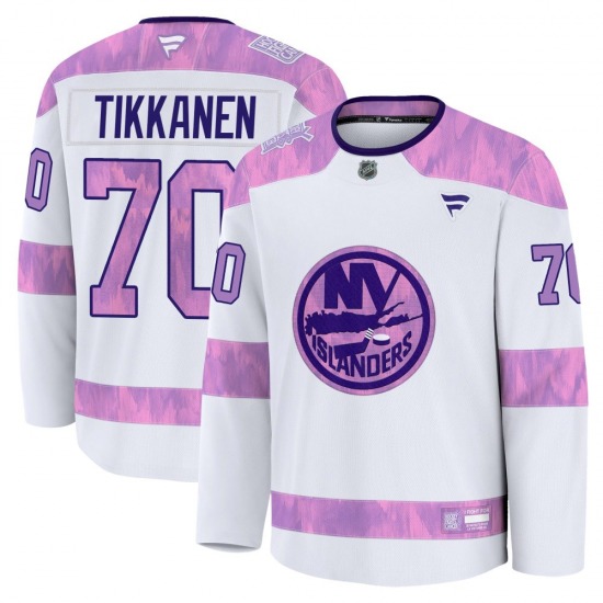 Adult Premium New York Islanders Henrik Tikkanen White 2024 Hockey Fights Cancer Practice Official Fanatics Jersey