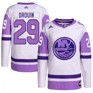 Youth Authentic New York Islanders Jonathan Drouin White/Purple Hockey Fights Cancer Primegreen Official Adidas Jersey