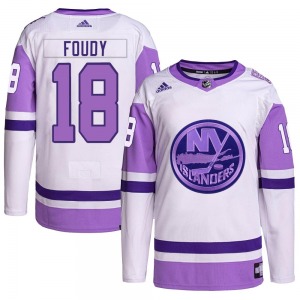 Youth Authentic New York Islanders Liam Foudy White/Purple Hockey Fights Cancer Primegreen Official Adidas Jersey