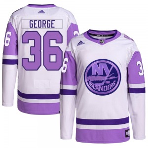 Youth Authentic New York Islanders Isaiah George White/Purple Hockey Fights Cancer Primegreen Official Adidas Jersey