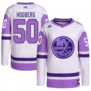 Youth Authentic New York Islanders Marcus Hogberg White/Purple Hockey Fights Cancer Primegreen Official Adidas Jersey