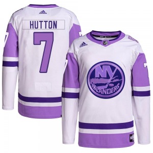 Youth Authentic New York Islanders Grant Hutton White/Purple Hockey Fights Cancer Primegreen Official Adidas Jersey