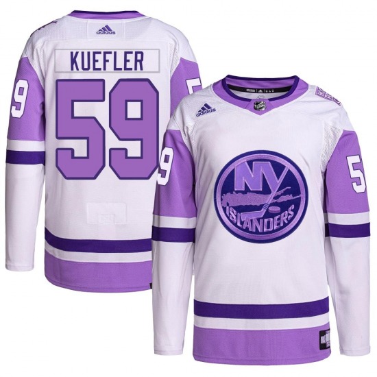 Youth Authentic New York Islanders Daylan Kuefler White/Purple Hockey Fights Cancer Primegreen Official Adidas Jersey