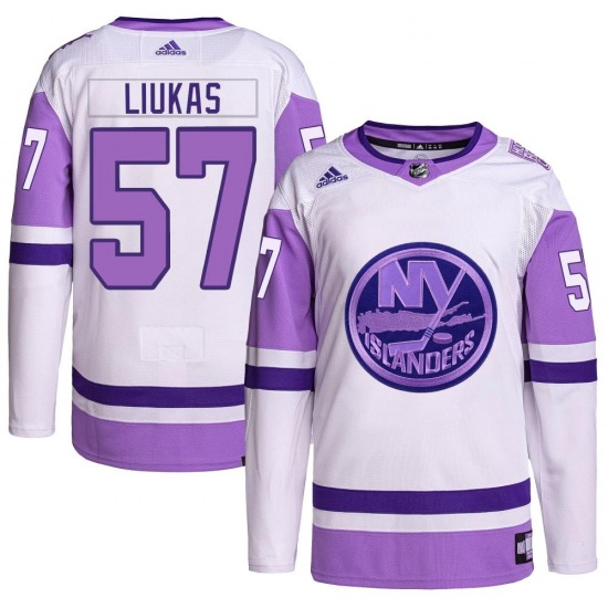 Youth Authentic New York Islanders Eetu Liukas White/Purple Hockey Fights Cancer Primegreen Official Adidas Jersey