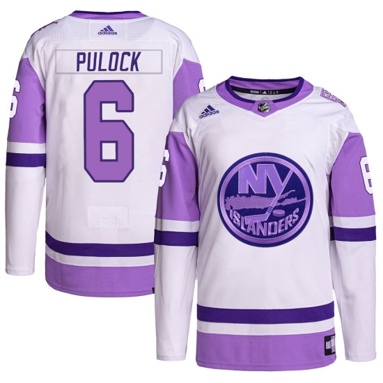 Youth Authentic New York Islanders Ryan Pulock White/Purple Hockey Fights Cancer Primegreen Official Adidas Jersey