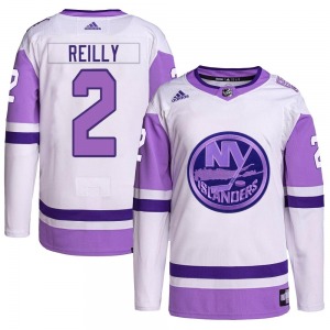 Youth Authentic New York Islanders Mike Reilly White/Purple Hockey Fights Cancer Primegreen Official Adidas Jersey