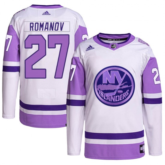 Youth Authentic New York Islanders Alexander Romanov White/Purple Hockey Fights Cancer Primegreen Official Adidas Jersey