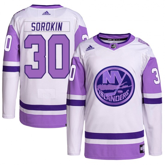 Youth Authentic New York Islanders Ilya Sorokin White/Purple Hockey Fights Cancer Primegreen Official Adidas Jersey