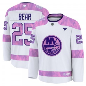 Youth Premium New York Islanders Ethan Bear White 2024 Hockey Fights Cancer Practice Official Fanatics Jersey