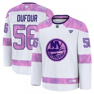 Youth Premium New York Islanders William Dufour White 2024 Hockey Fights Cancer Practice Official Fanatics Jersey