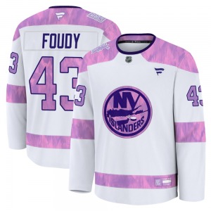 Youth Premium New York Islanders Liam Foudy White 2024 Hockey Fights Cancer Practice Official Fanatics Jersey