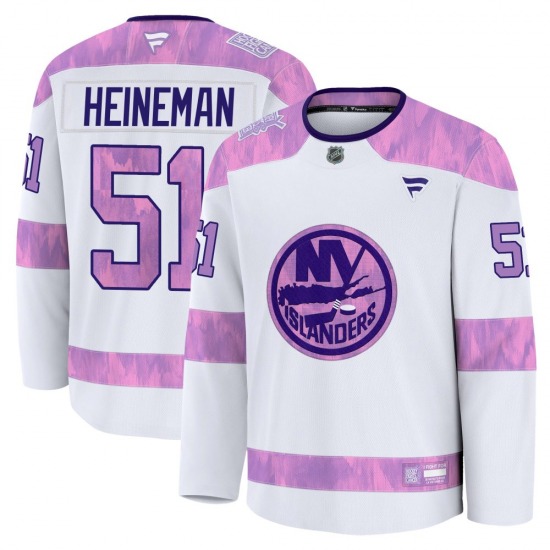 Youth Premium New York Islanders Emil Heineman White 2024 Hockey Fights Cancer Practice Official Fanatics Jersey
