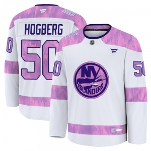 Youth Premium New York Islanders Marcus Hogberg White 2024 Hockey Fights Cancer Practice Official Fanatics Jersey