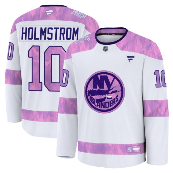 Youth Premium New York Islanders Simon Holmstrom White 2024 Hockey Fights Cancer Practice Official Fanatics Jersey
