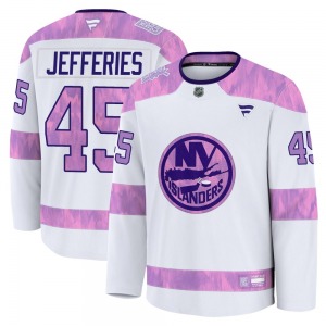 Youth Premium New York Islanders Alex Jefferies White 2024 Hockey Fights Cancer Practice Official Fanatics Jersey