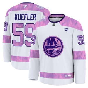 Youth Premium New York Islanders Daylan Kuefler White 2024 Hockey Fights Cancer Practice Official Fanatics Jersey