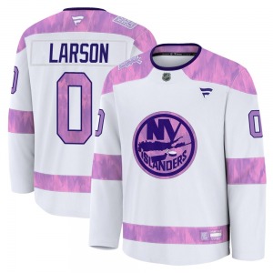 Youth Premium New York Islanders Joey Larson White 2024 Hockey Fights Cancer Practice Official Fanatics Jersey