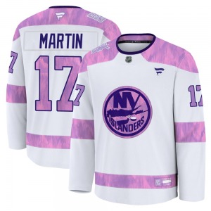 Youth Premium New York Islanders Matt Martin White 2024 Hockey Fights Cancer Practice Official Fanatics Jersey