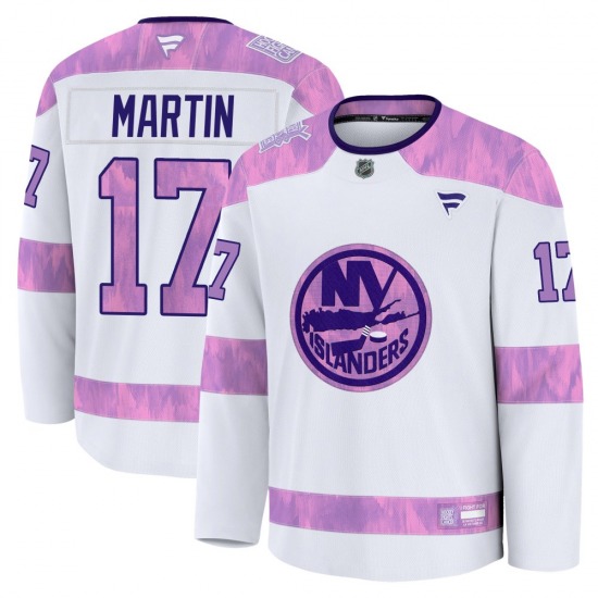 Youth Premium New York Islanders Matt Martin White 2024 Hockey Fights Cancer Practice Official Fanatics Jersey