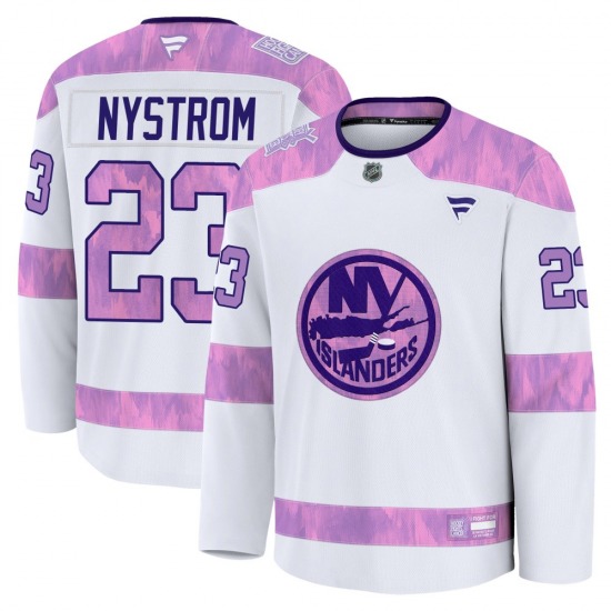 Youth Premium New York Islanders Bob Nystrom White 2024 Hockey Fights Cancer Practice Official Fanatics Jersey