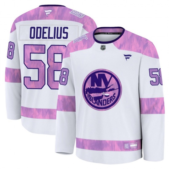 Youth Premium New York Islanders Calle Odelius White 2024 Hockey Fights Cancer Practice Official Fanatics Jersey