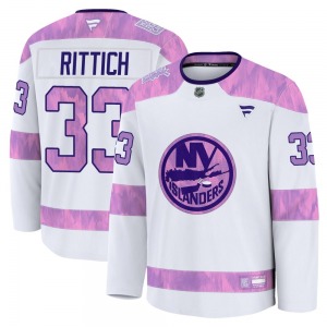 Youth Premium New York Islanders David Rittich White 2024 Hockey Fights Cancer Practice Official Fanatics Jersey