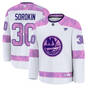 Youth Premium New York Islanders Ilya Sorokin White 2024 Hockey Fights Cancer Practice Official Fanatics Jersey