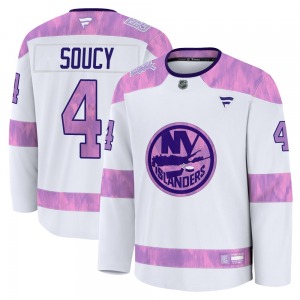 Youth Premium New York Islanders Carson Soucy White 2024 Hockey Fights Cancer Practice Official Fanatics Jersey