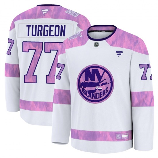 Youth Premium New York Islanders Pierre Turgeon White 2024 Hockey Fights Cancer Practice Official Fanatics Jersey